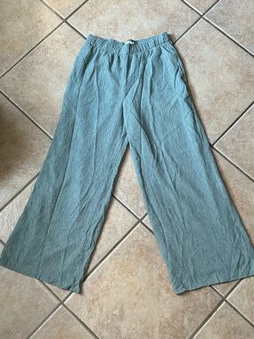 Abercrombie & Fitch Linen Wide Leg Pants Green Flowy Elastic Waist
